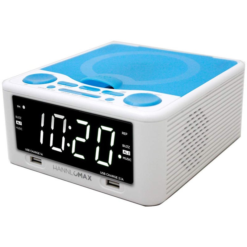 HANNLOMAX HX-300CD Top Loading CD Player, PLL FM Radio, Digital Clock, 1.2" White LED Display, Dual Alarms, Dual USB Ports for 2.1A and 1A Charging, AC/DC Adaptor Included (White_Blue) - Image 2